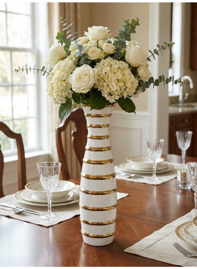 ايست من نون Ceramic Vase for Floral Decorative arrangement, Ht-40 cm |  Gold White Color | Ribbed Rays Design | Size -9.5x9.5x40.2 cm | Perfect for decorativing your living room, Ideal for decorating coffee table, dinning table, console table or any office or living space - Image 1